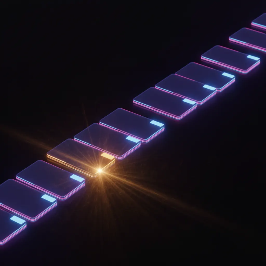 Indigo queue of stacked support tickets stretching into deep space with one amber ticket resolved into a burst of light