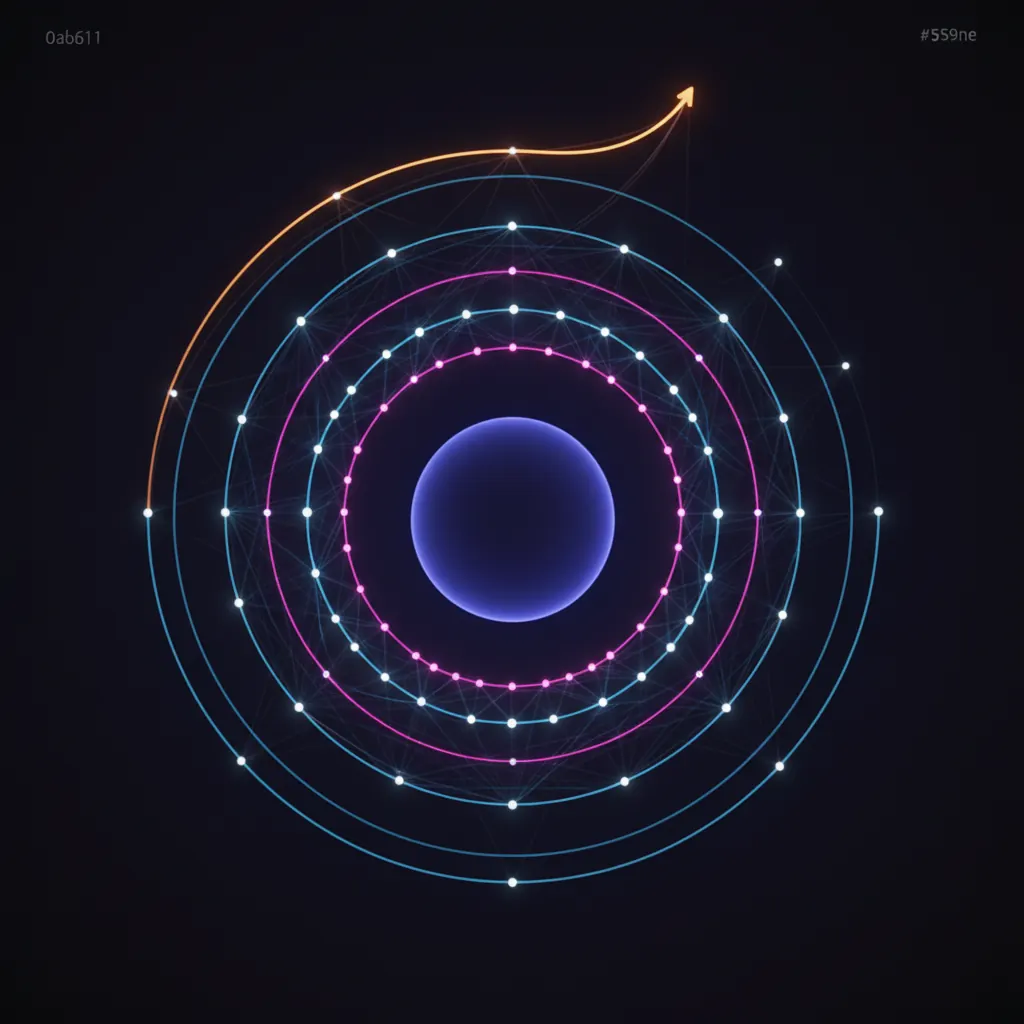Concentric rings of glowing support nodes orbiting a central core with an amber escalation arc rising out of the top