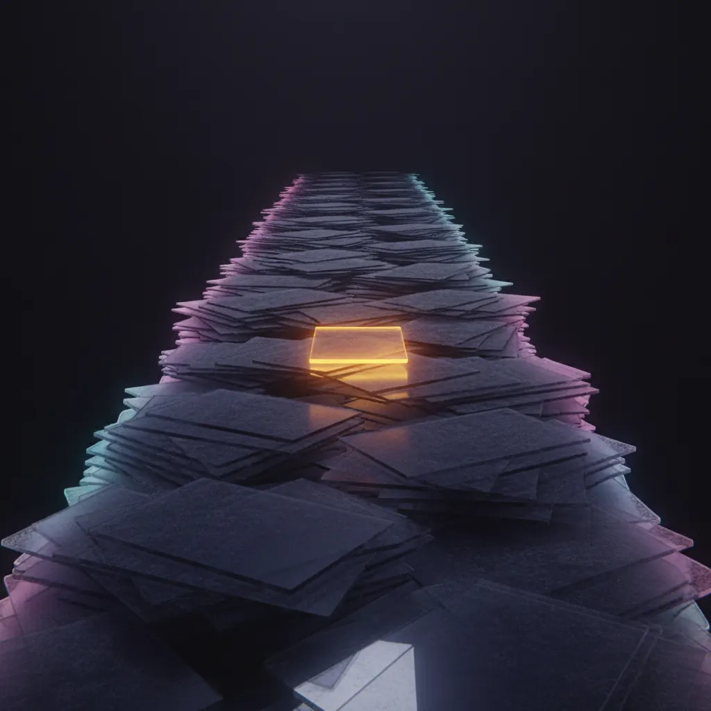 Dim corridor of stacked CRM cards with one amber card glowing in the middle