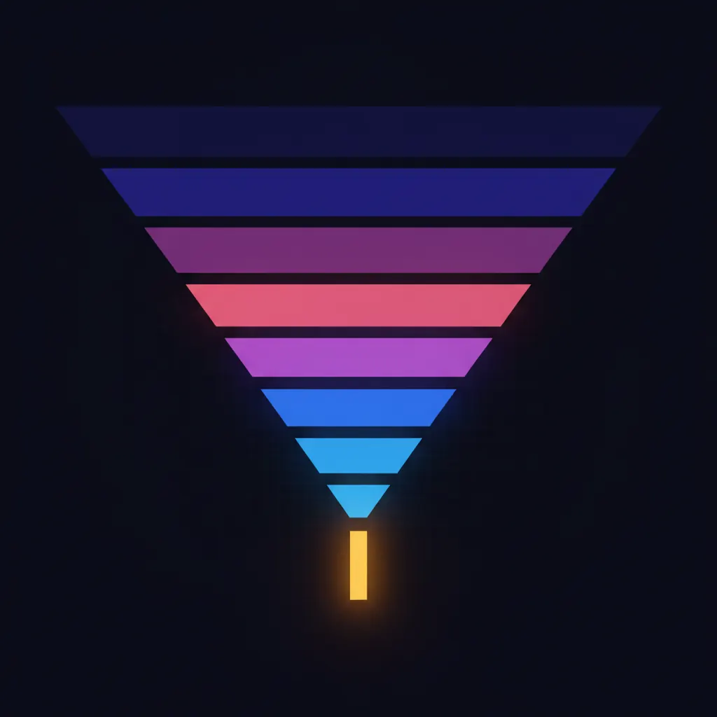 Vertical funnel of indigo, pink, blue, and amber bars representing pipeline stages