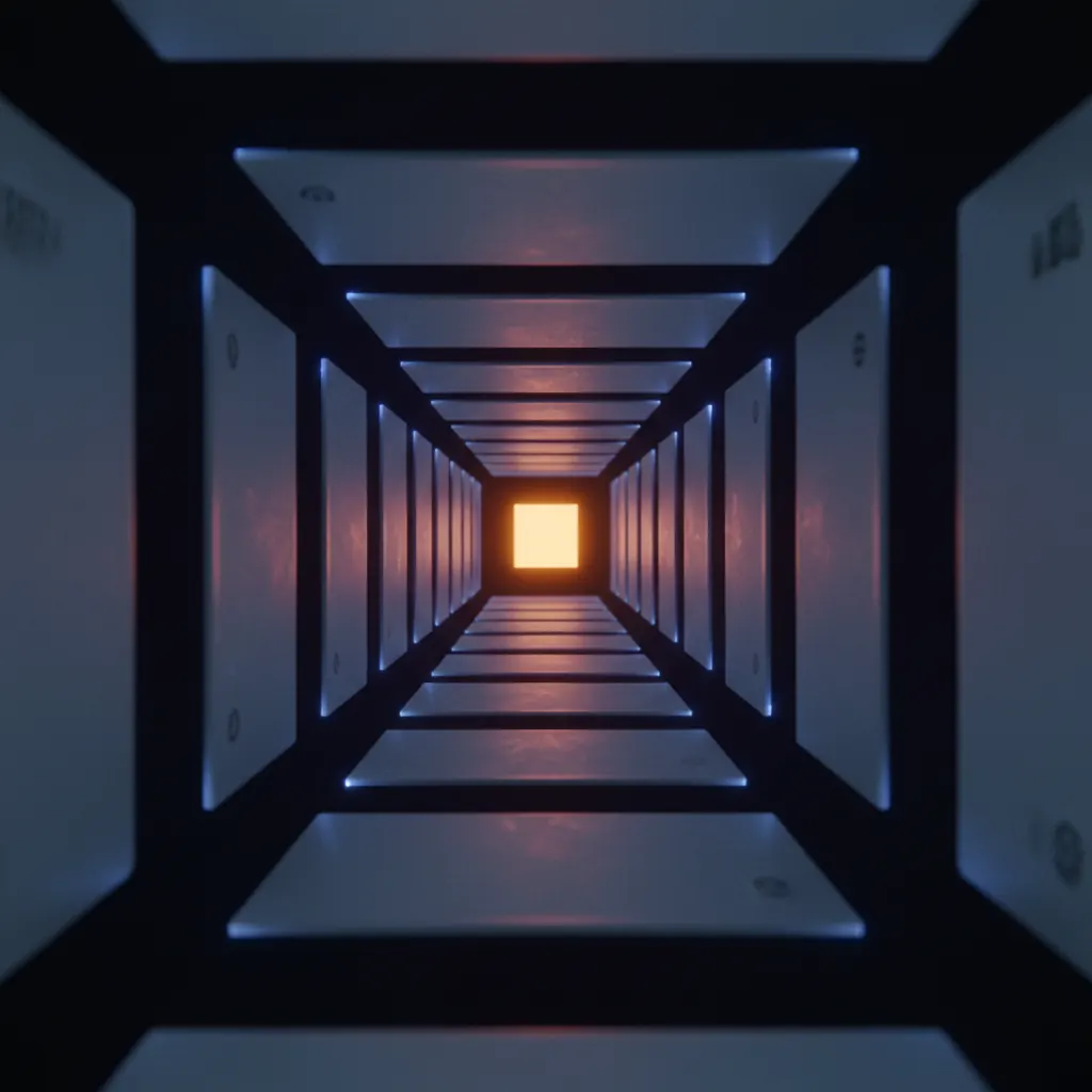 Dim corridor of faded calendar squares with one amber square glowing in the middle