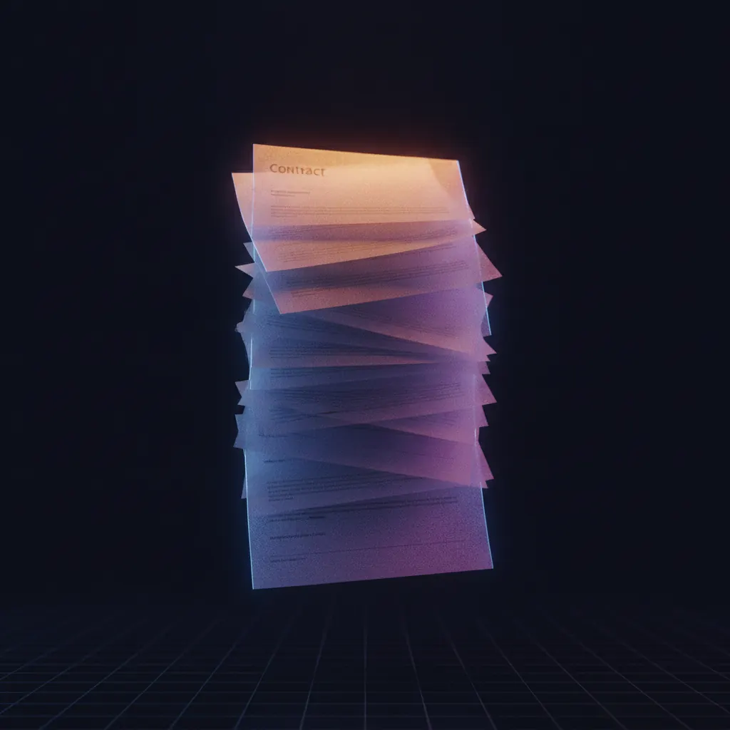 Stack of translucent contract pages with one glowing amber on top
