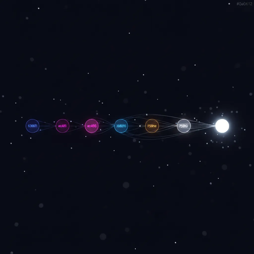 Horizontal pipeline of glowing nodes in indigo, pink, blue, and amber