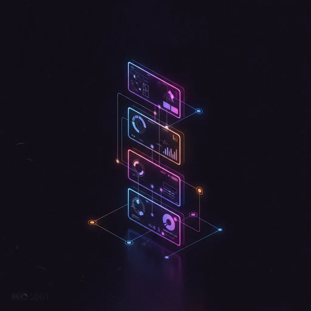 Stacked glowing data panels stitched into one document by thin connector lines