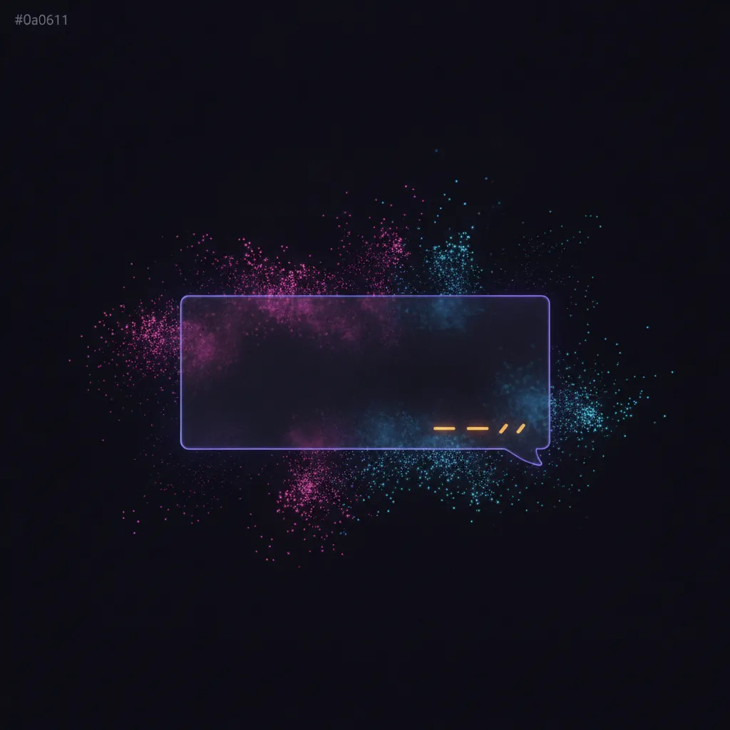 Translucent chat panel glowing in space with reaction marks dispersing into particles