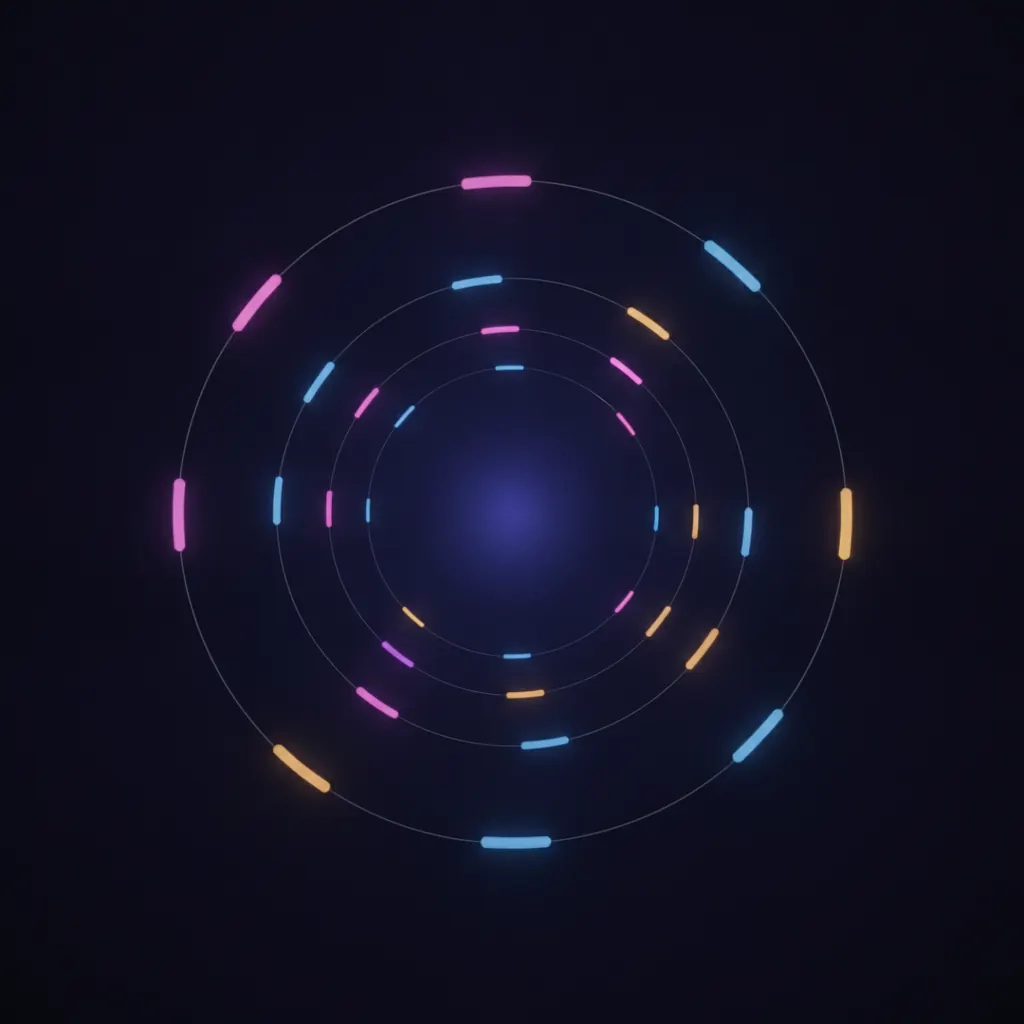 Glowing tiles orbiting an indigo core connected by thin lines forming a launch sequence