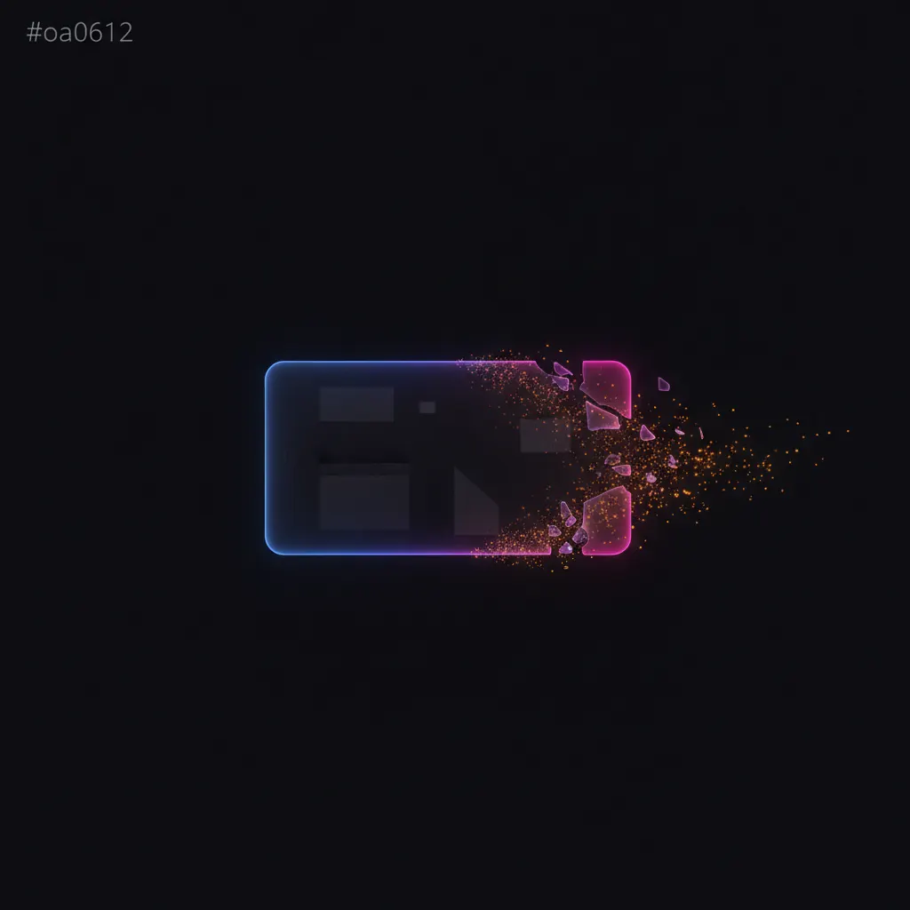 Translucent document card dissolving into amber particles in deep space