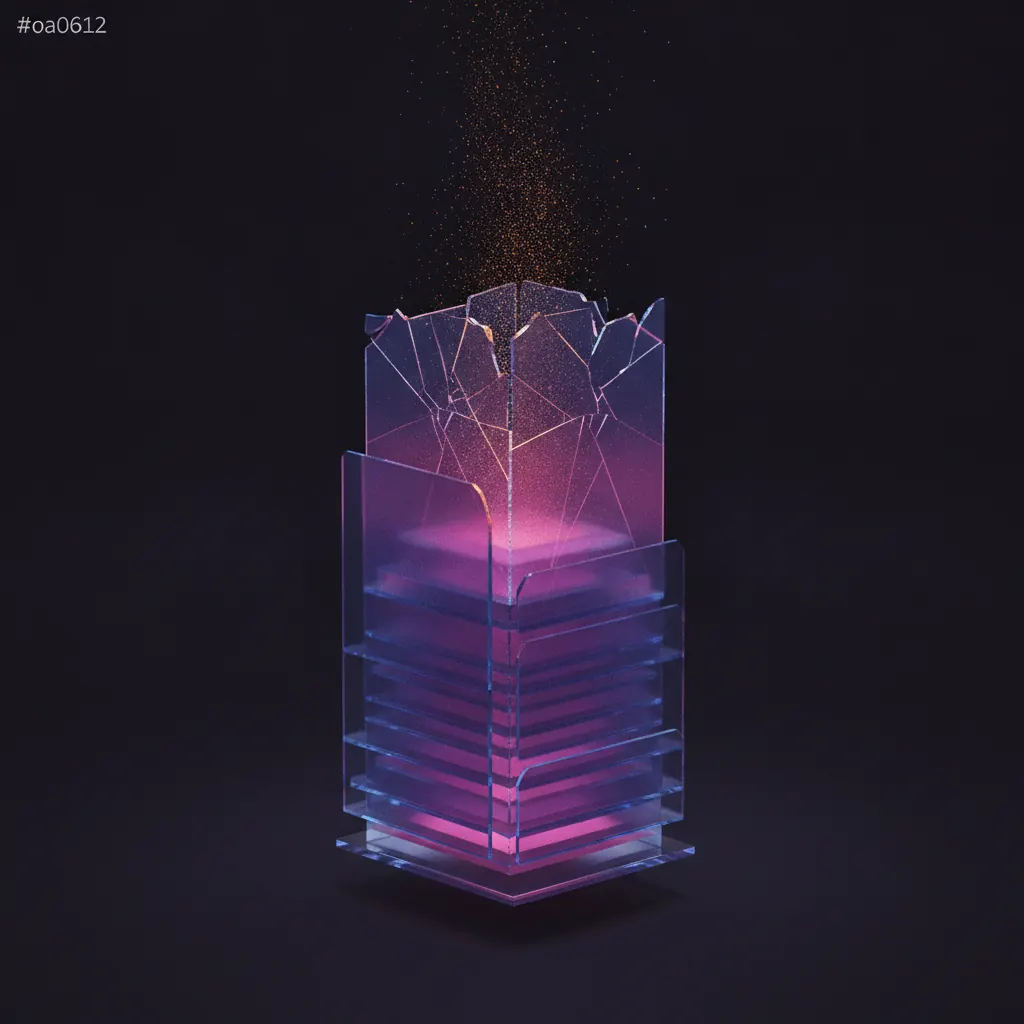 Stacked translucent slide panels in deep space with the top one cracked and fading