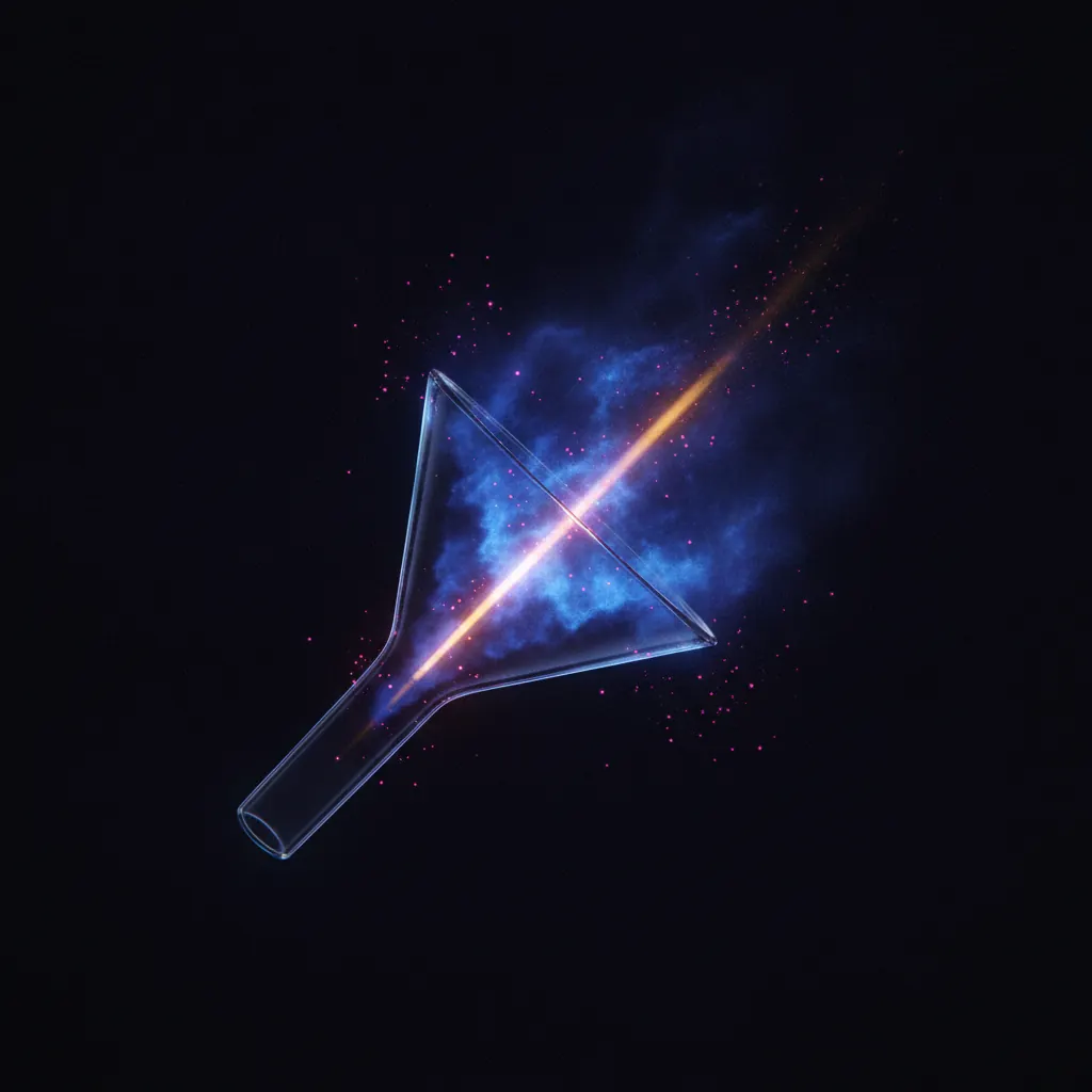 Translucent glass funnel tilted in deep space with light spilling sideways
