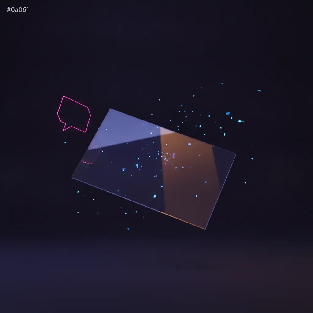 Translucent glass desk panel refracting indigo and amber light against deep space with a pink chat-bubble glyph drifting across