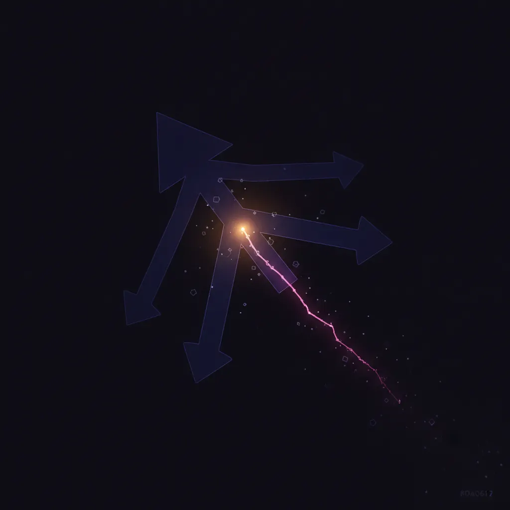 Translucent indigo arrow shape splitting into three diverging paths with the middle path fading into a thin pink line off-frame