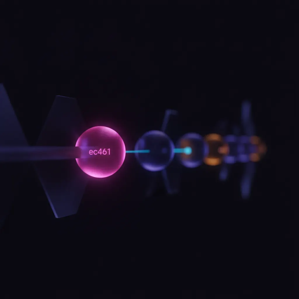 Horizontal pipeline of glowing indigo nodes with one pink node pulled forward and an amber connection line bypassing two faded nodes
