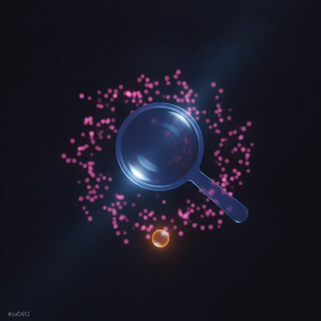 Translucent indigo magnifying glass suspended over a faded scatter of pink dots with one amber dot pulled forward