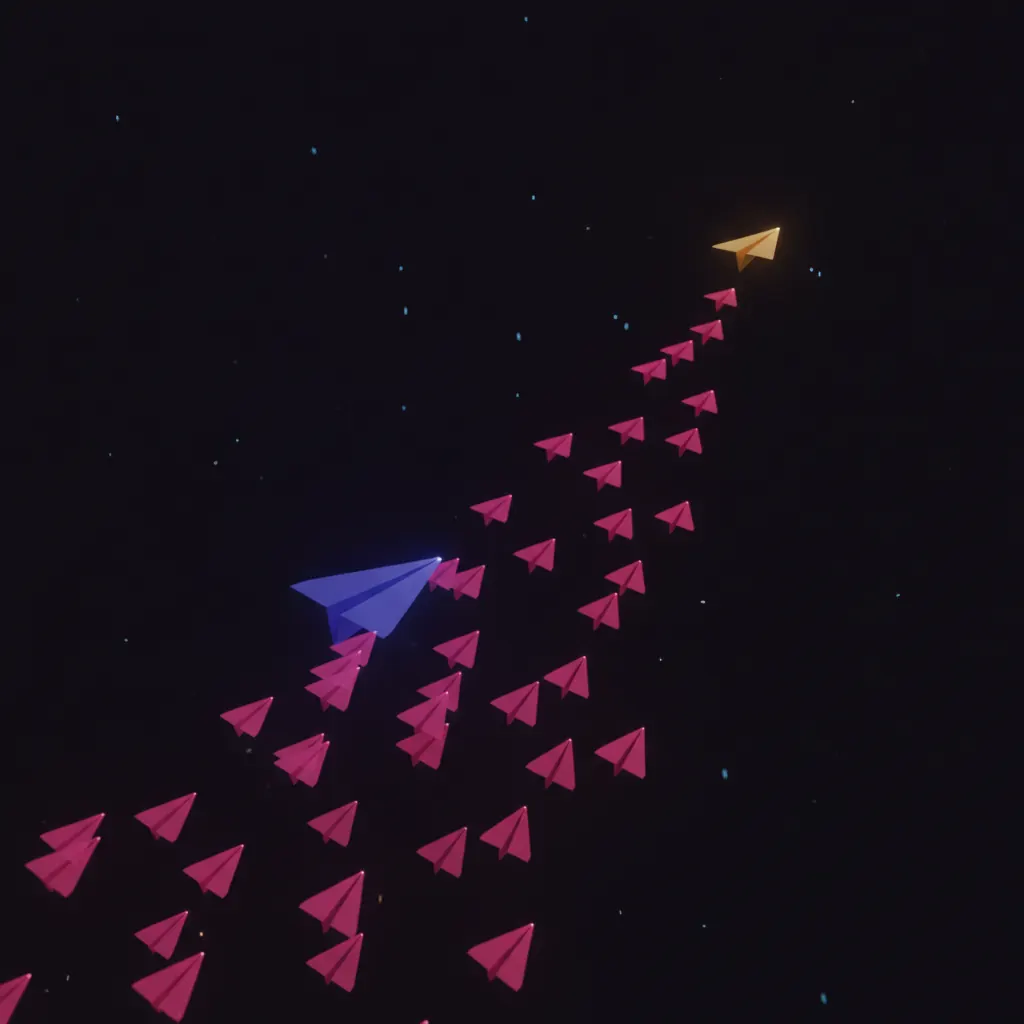 Translucent indigo paper plane fanning into a faint cone of hundreds of identical pink planes with one amber plane breaking off at a sharper angle