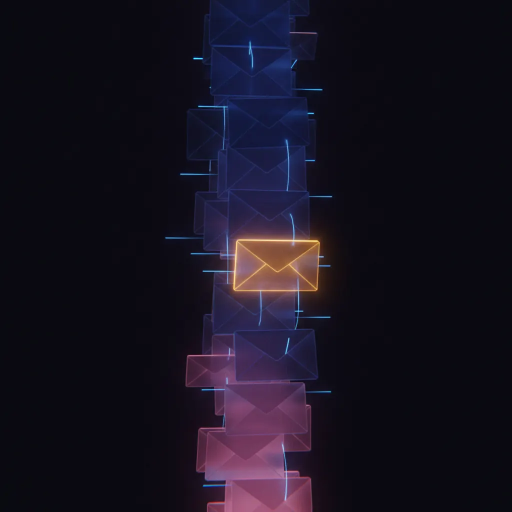 Stack of translucent indigo envelopes fading downward with one amber envelope rising forward against a deep near-black backdrop with thin blue connection lines