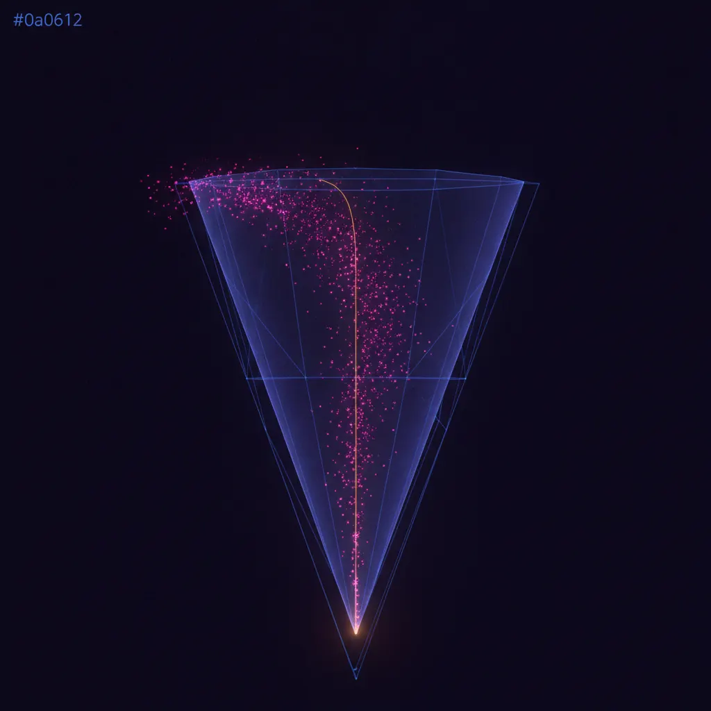 Translucent indigo funnel narrowing with pink dots flowing through and one amber thread reaching the bottom