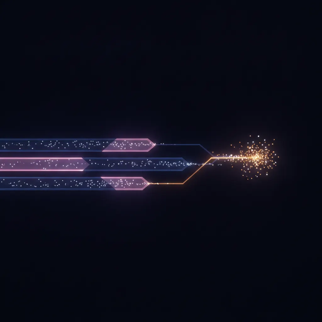 Horizontal stream of glowing nodes flowing through translucent channels with one amber node branching up
