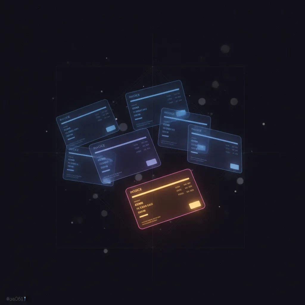 Stacked translucent invoice cards floating in dark space with one amber card pulled forward