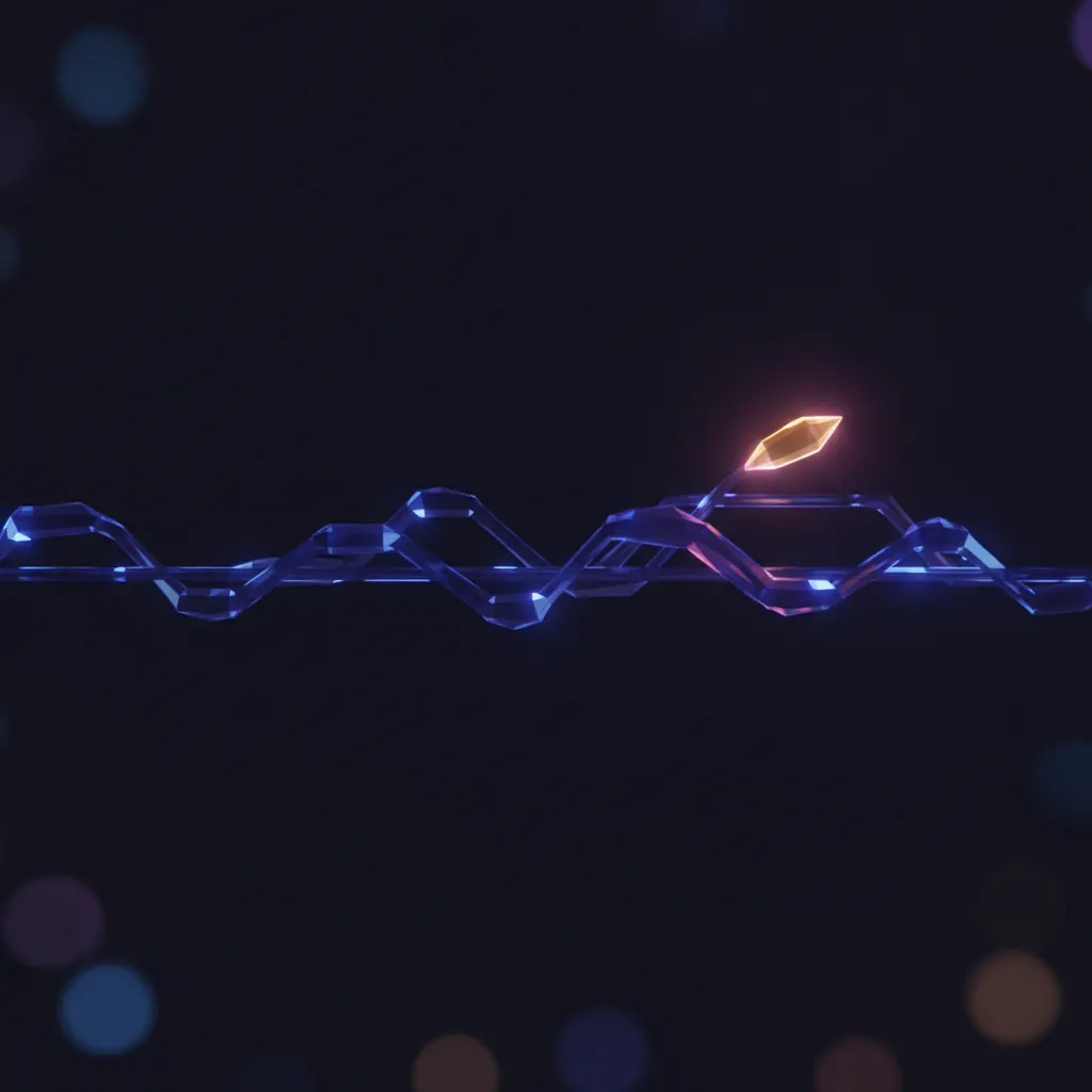 Horizontal stream of glowing nodes flowing through translucent channels with one amber node branching up