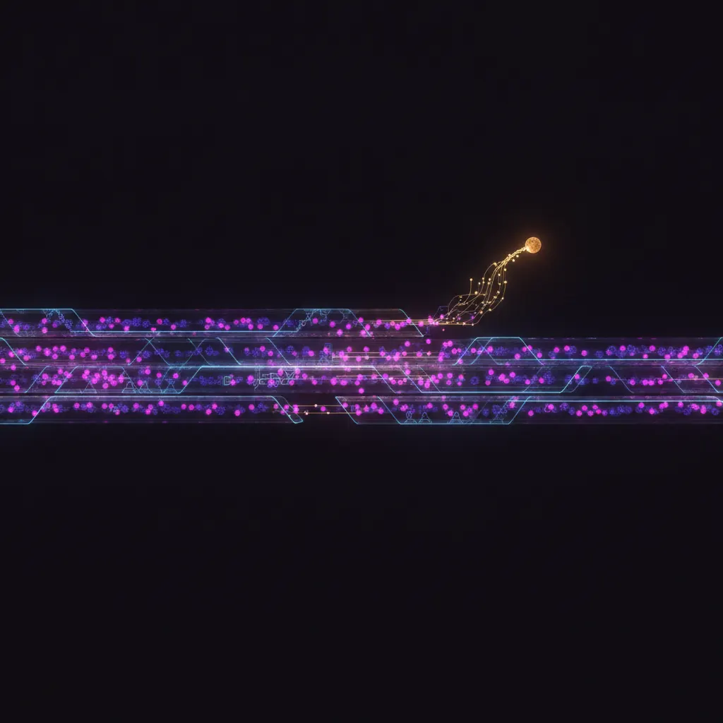 Horizontal stream of glowing nodes flowing through translucent channels with one amber node branching up