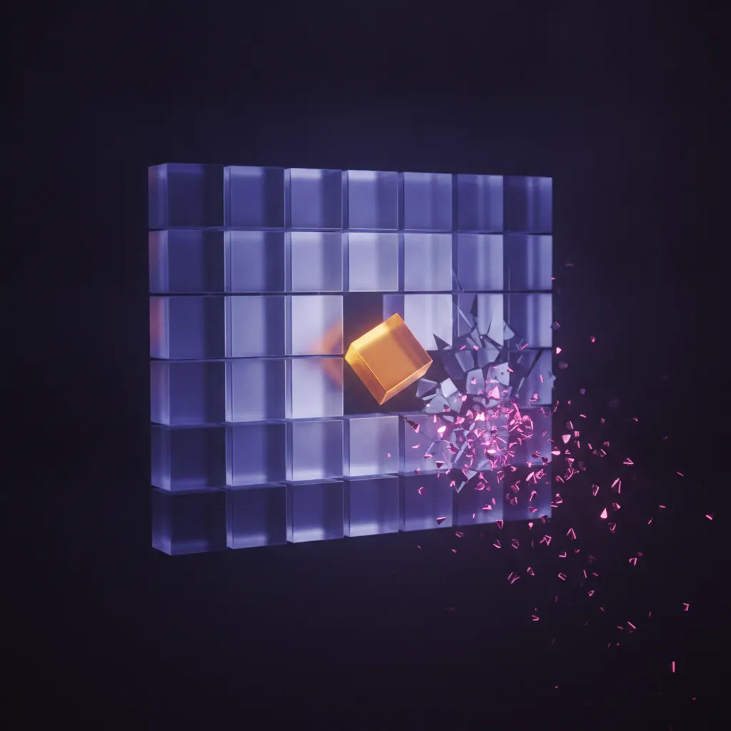 Grid of translucent customer tiles in dark space with one amber tile pulled forward and a pink tile breaking apart