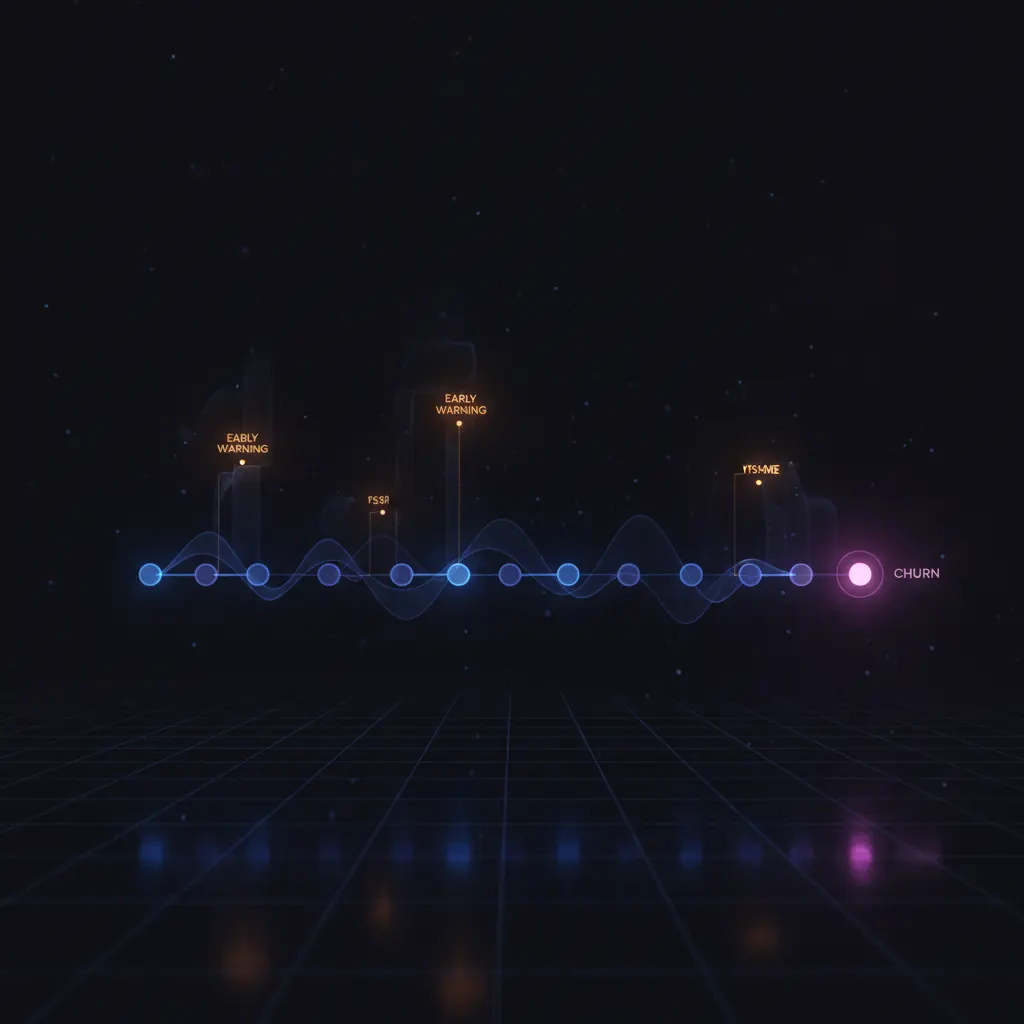 Timeline of glowing nodes with amber warning branches and one fading pink node at the end