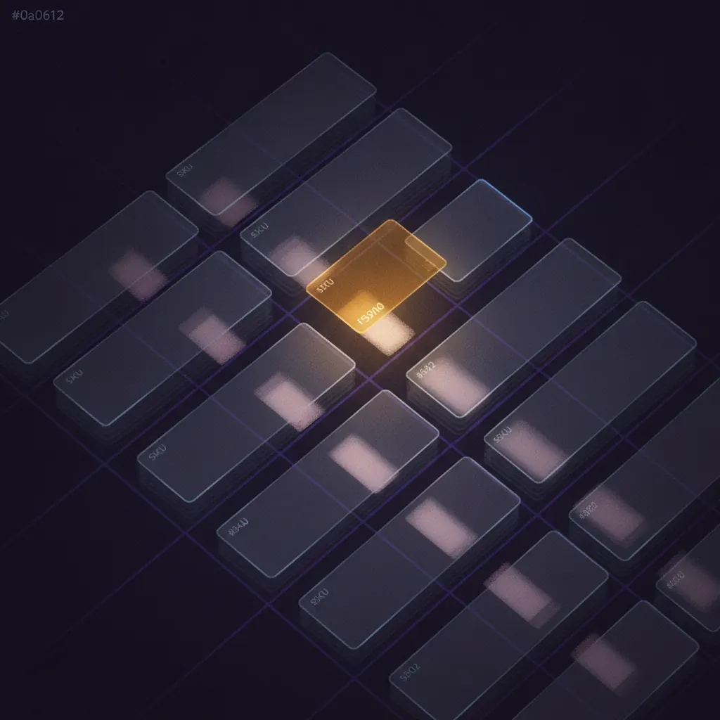 Stacked translucent SKU cards in dark space with one amber card lifted and an indigo grid mapping features to slots