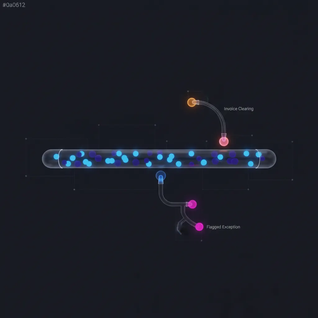 Glowing nodes flowing through translucent channels with one amber node clearing and one pink node branching down