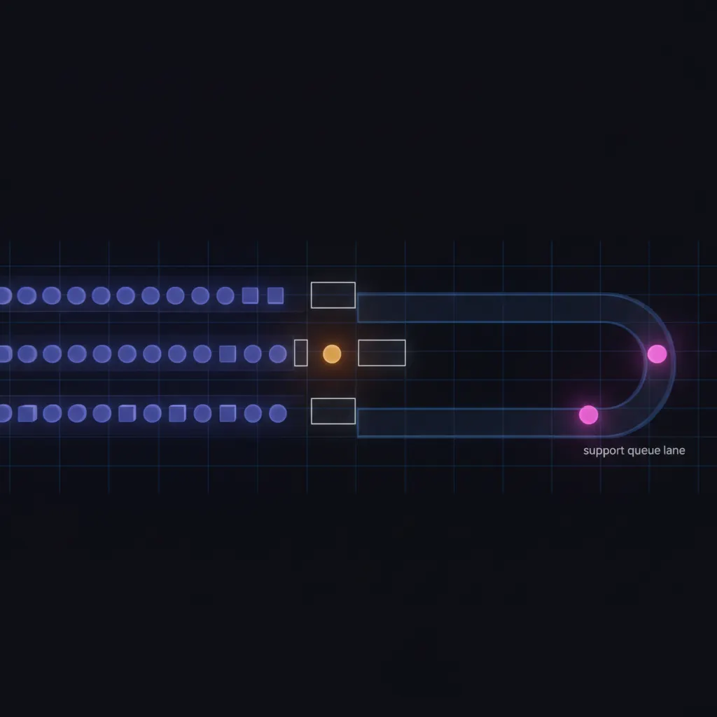 Glowing indigo implementation nodes flowing through translucent stages with one amber node stalled and one pink node branching to a support queue
