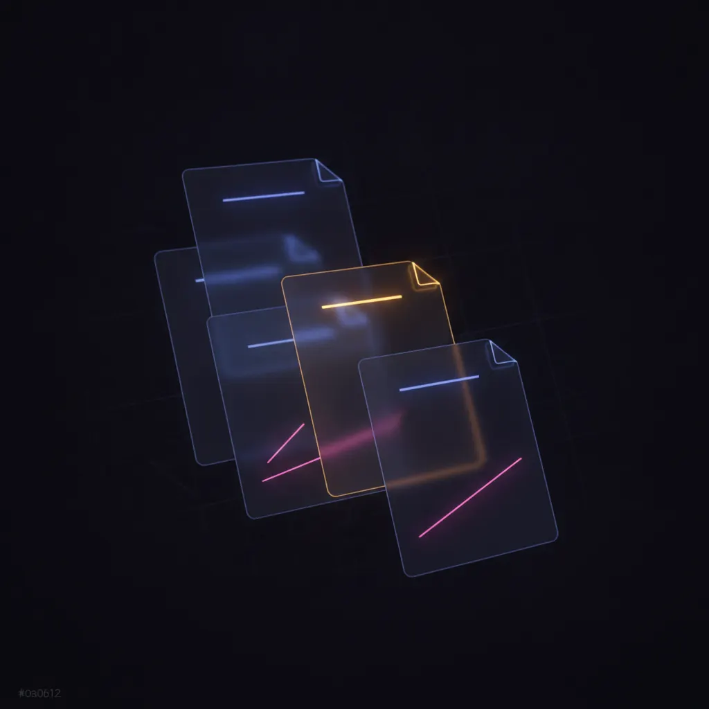 Stacked translucent contract panels in dark space with one amber panel paused mid-review and pink redline strokes across the pages