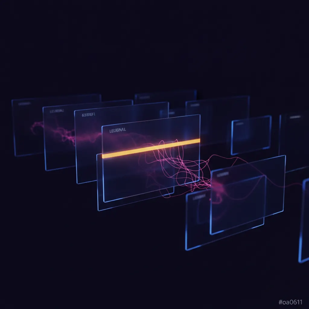 Stacked translucent ledger panels in dark space with one amber panel frozen mid-reconciliation and pink variance threads branching between the pages