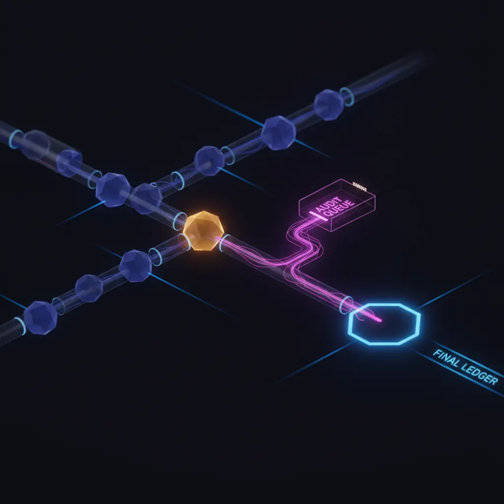Glowing indigo reconciliation nodes flowing through translucent pipeline stages with one amber node stalled at a fork and pink variance threads branching to a separate audit queue
