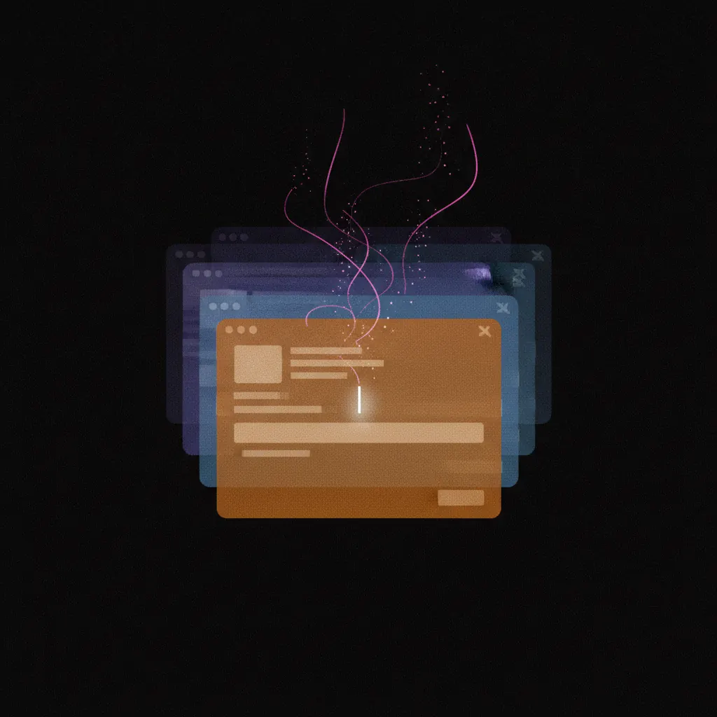 Stacked translucent email drafts in dark space, one amber panel frozen mid-composition with pink unfinished threads trailing off