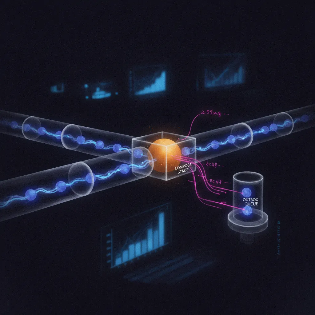 Glowing indigo metric nodes flowing through translucent pipeline stages, one amber node stalled at compose, pink commentary threads branching off