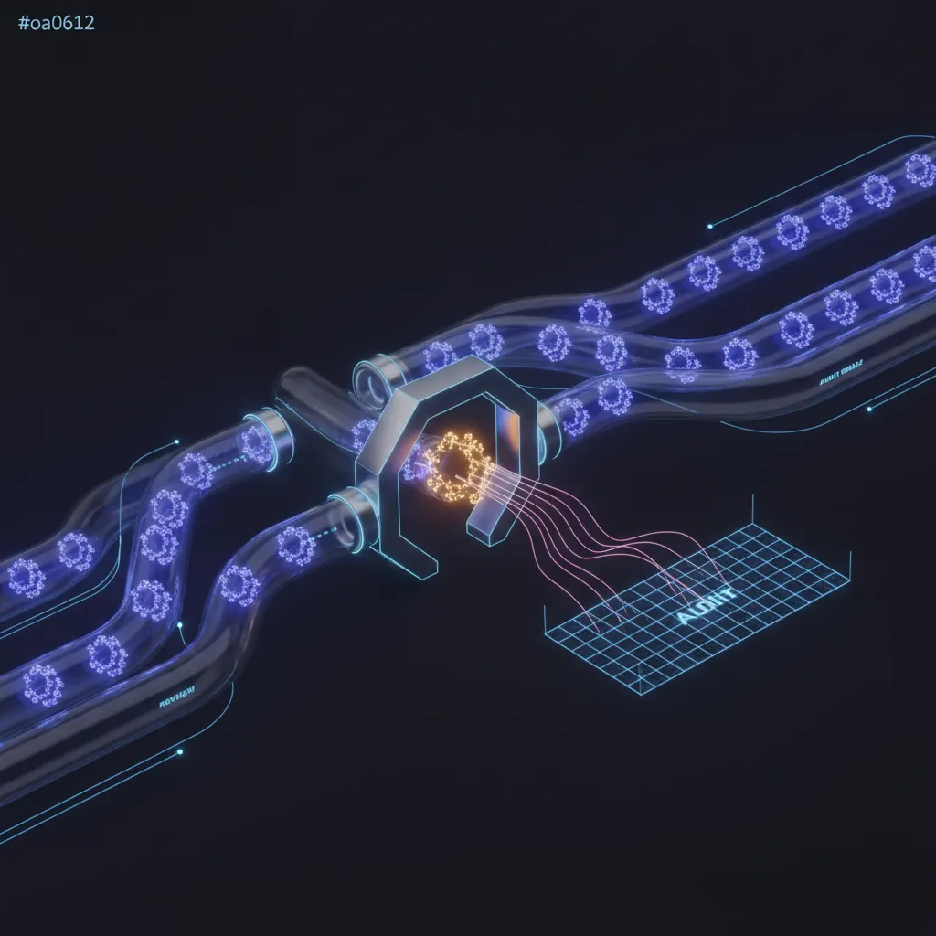 Glowing indigo control-mapping nodes flowing through translucent pipeline stages with one amber node stalled at a review gate and pink evidence threads branching to a separate audit shelf