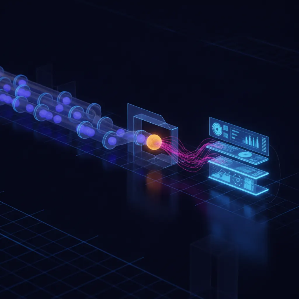 Glowing indigo metric nodes flowing through translucent pipeline stages with one amber node stalled at a copy-paste junction and pink threads branching to a live dashboard shelf