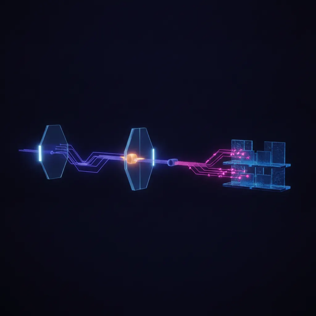 Glowing indigo access nodes flowing through translucent control gates with one amber node stalled at a contractor deprovision fork and pink audit threads branching to a live evidence shelf