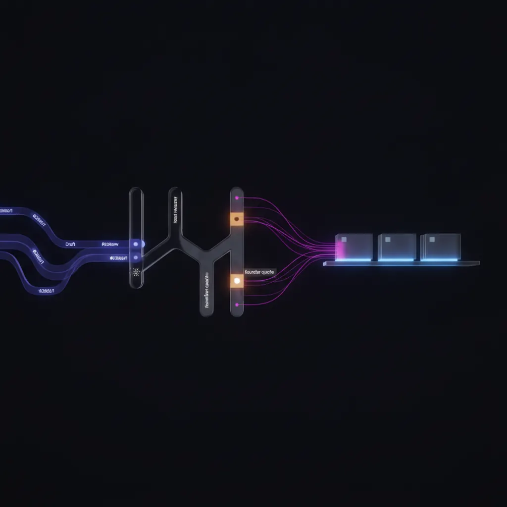 Glowing indigo draft nodes flowing through translucent review gates with one amber node stalled at a founder-quote fork and pink threads branching to a published post shelf