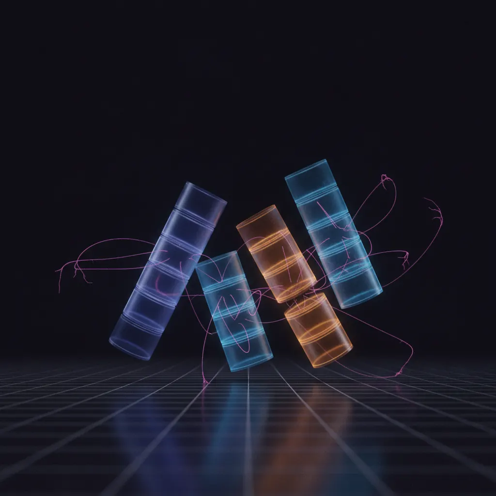 Stacked translucent pipeline columns floating in dark space with one amber column slipping mid-quarter and pink commit threads branching between the stages