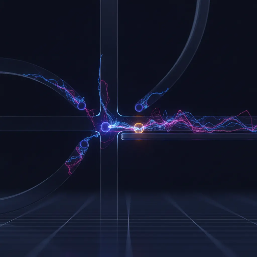 Glowing indigo opportunity nodes flowing through translucent forecast arcs with one amber node stalled at a commit-versus-best-case fork and pink threads branching to a clean projection shelf