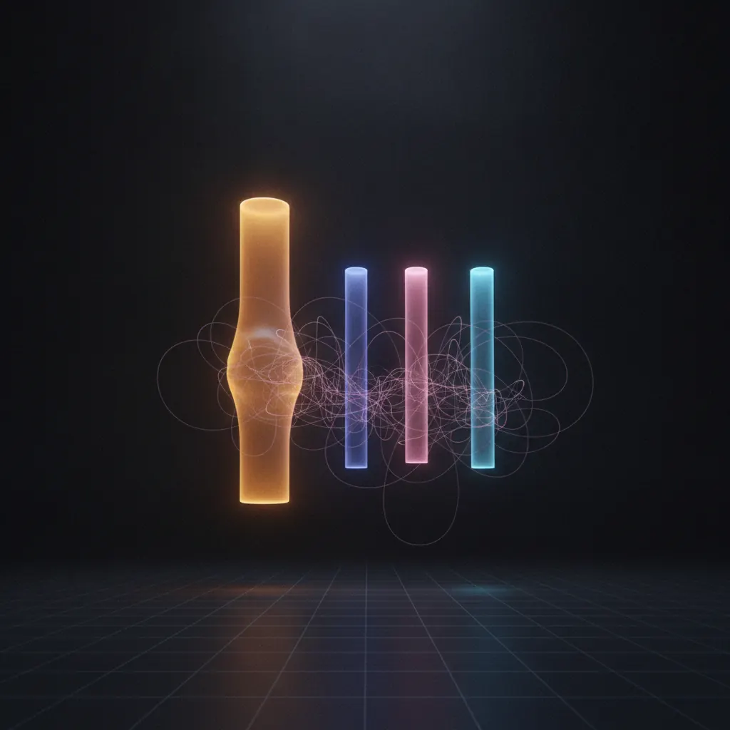 Stacked translucent channel columns floating in dark space with one amber column swelling into a Direct bucket and pink threads branching between paid, organic, and unknown sources