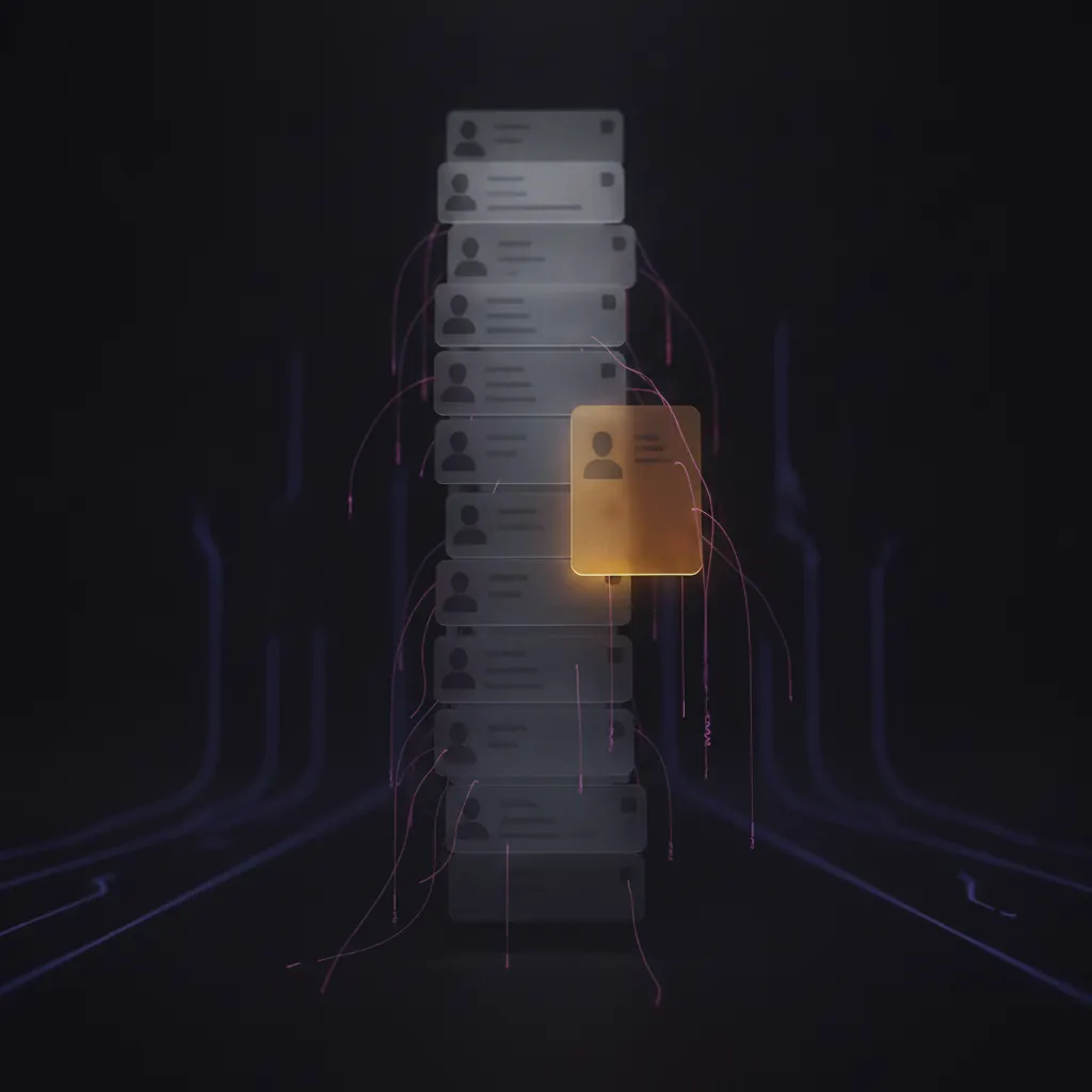 Stacked translucent candidate cards drifting in dark space with one amber card highlighted and pink threads dangling unattached from the stack