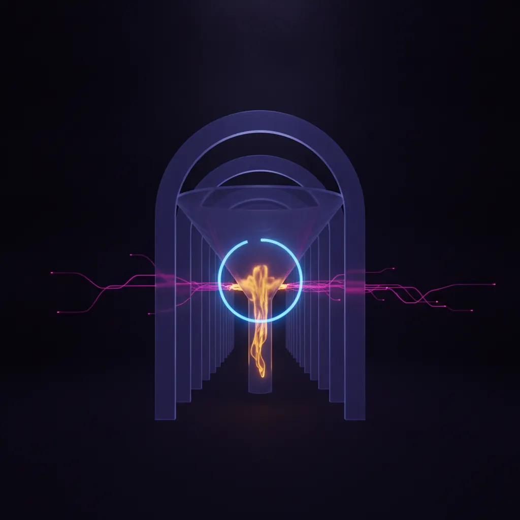 Stage-based funnel with translucent indigo gates, amber pulses stalling at a timer ring, pink threads escaping sideways into the dark