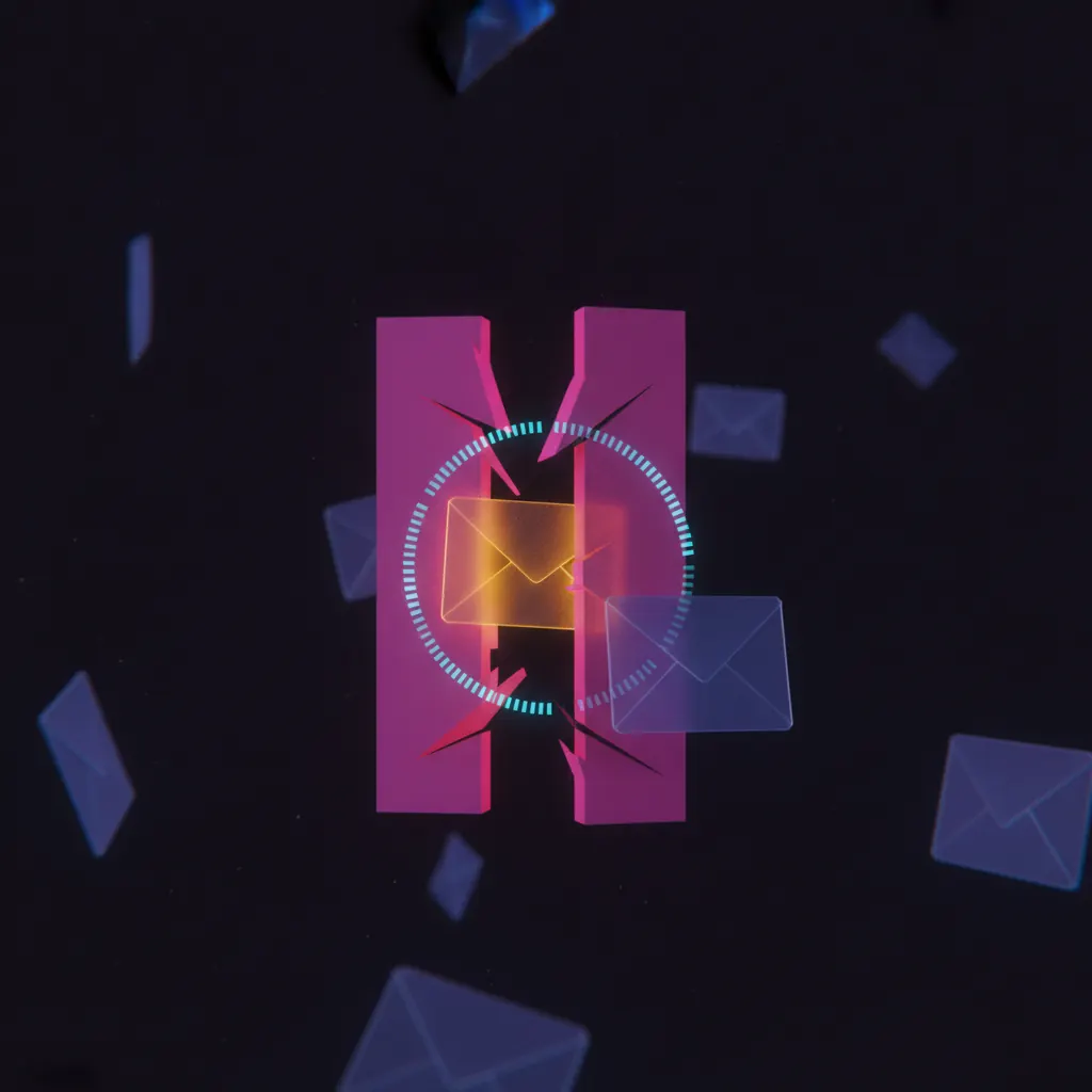 Translucent indigo inbound envelopes drifting in dark space with one amber envelope stuck behind a broken pink queue gate and a faint blue countdown ring