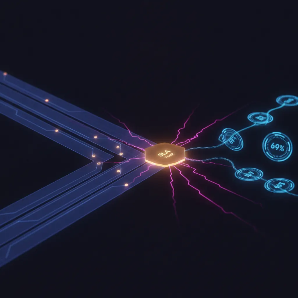 Routing lattice with three translucent indigo lanes converging into an amber SLA timer node with pink alert pulses and blue score badges floating along a live thread of light