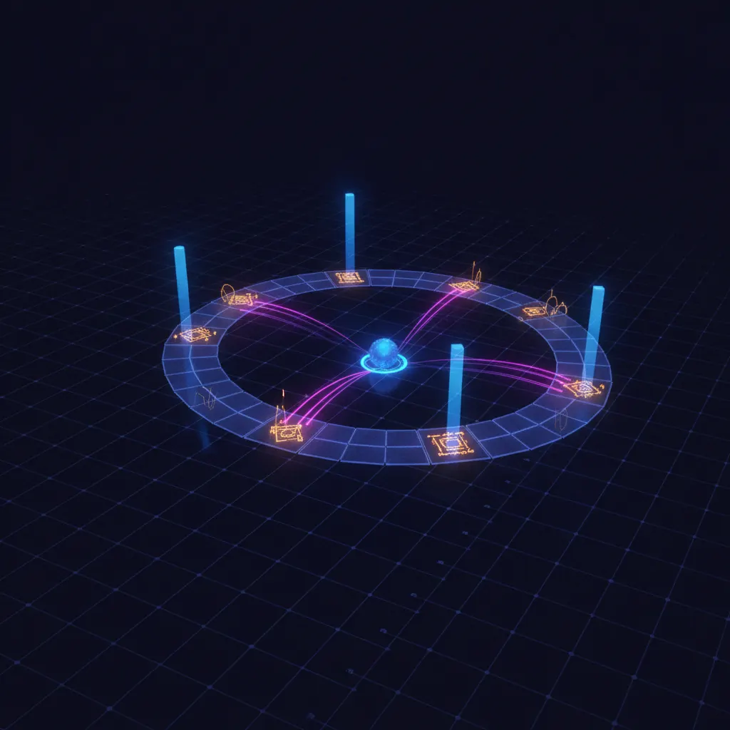Live partner enablement lattice with indigo partner tiles in orbit, amber co-sell signals stamping active tiles, pink deal-registration arcs threading to a central CRM node, blue content-drop beams delivering fresh battlecards