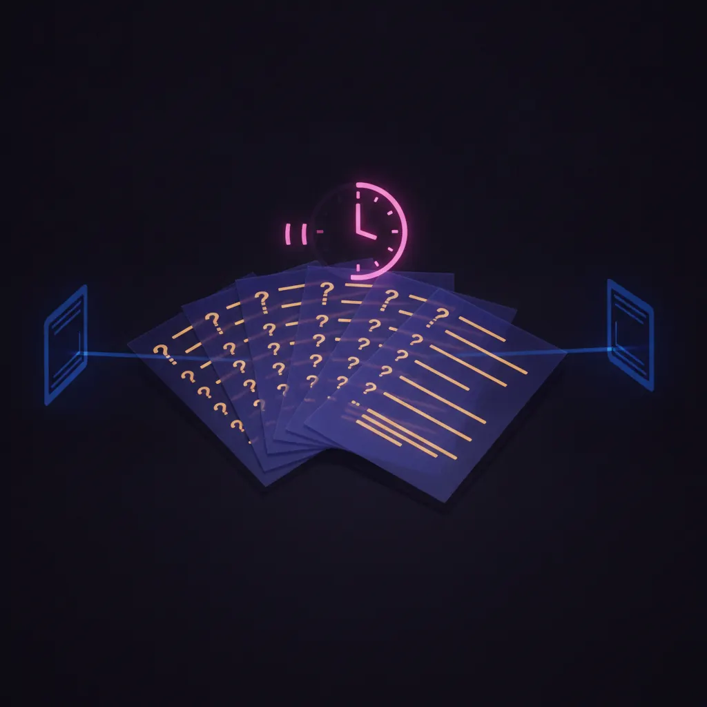 Stack of translucent indigo RFP pages fanned across dark space, amber unanswered question rows down each page, a pink deadline clock hovering past the top page, blue approval stamp beams arriving too late from the edges