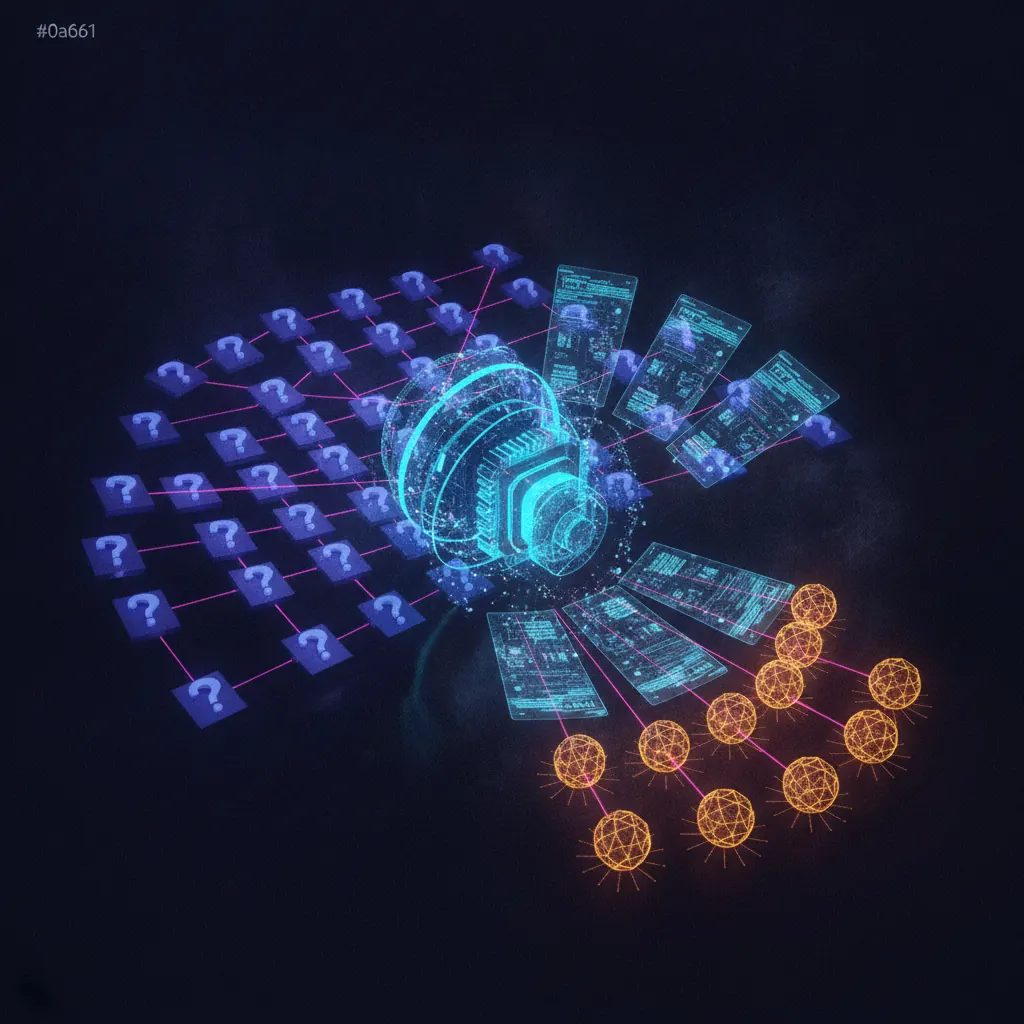 Live RFP lattice with indigo question tiles routed by pink threading beams into amber SME response nodes, a central blue draft-response engine assembling a fanned document at the center