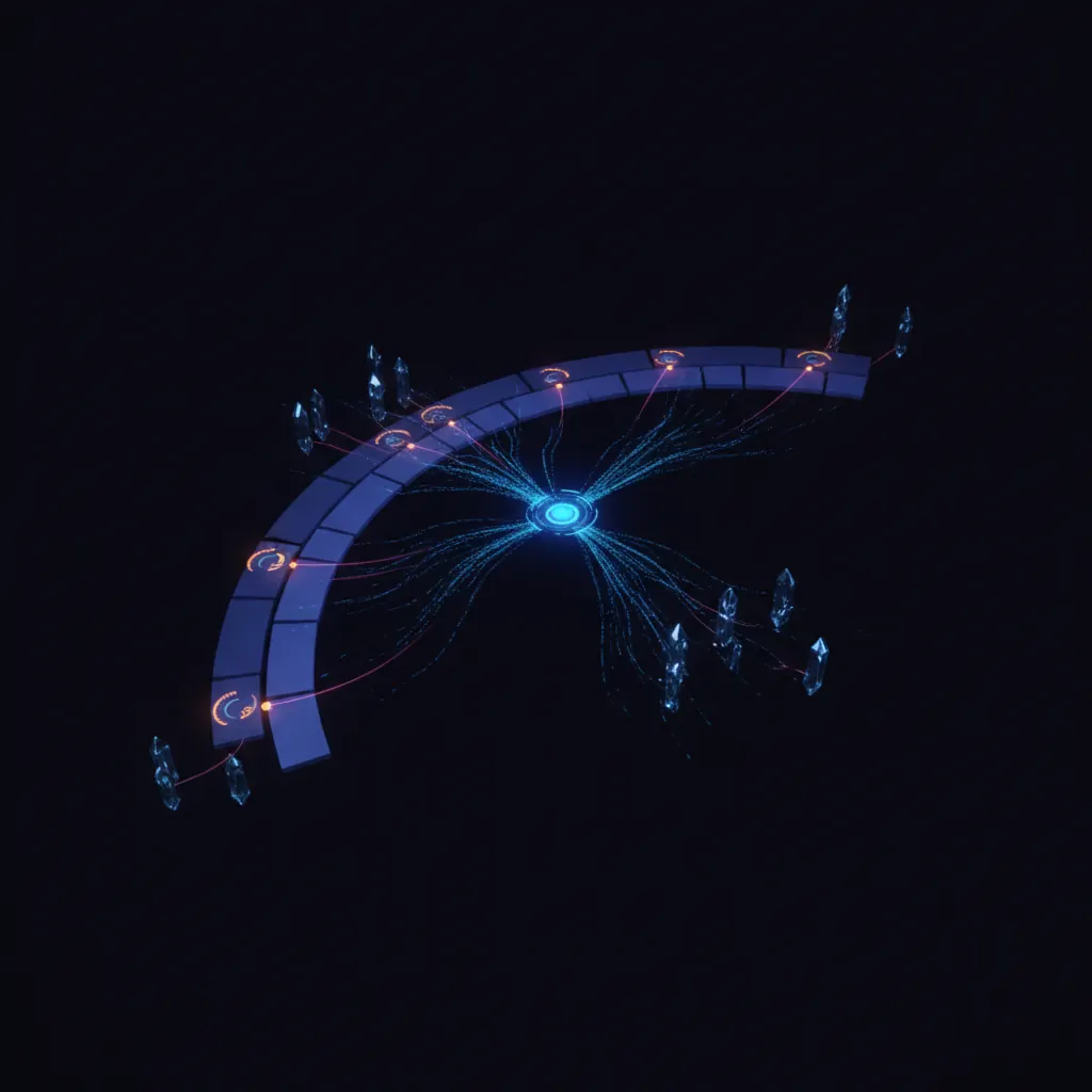 Live renewal command lattice with indigo contract tiles ranked by expiry along a curved timeline, amber health-score gauges pulsing on active tiles, pink escalation beams routed to CSM nodes, blue usage-signal feeds arriving at a central renewal engine