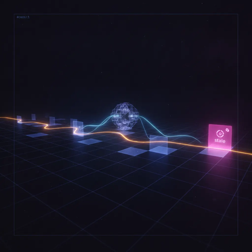 Grid of translucent indigo invoice tiles arranged along a stretching amber aging-bucket timeline, one large pink tile pulsing at day 118, blue payment beams routing back to a central collections engine, dark near-black backdrop